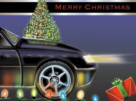 Graphic Design for a greeting card-generic image of car and Christmas lights