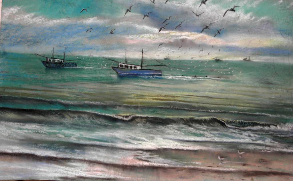 Original art in Pastel on paper Galveston Shrimp boats.