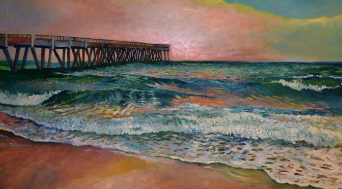 An Ocean Scene with varying color and space, detail and converging line of pier.