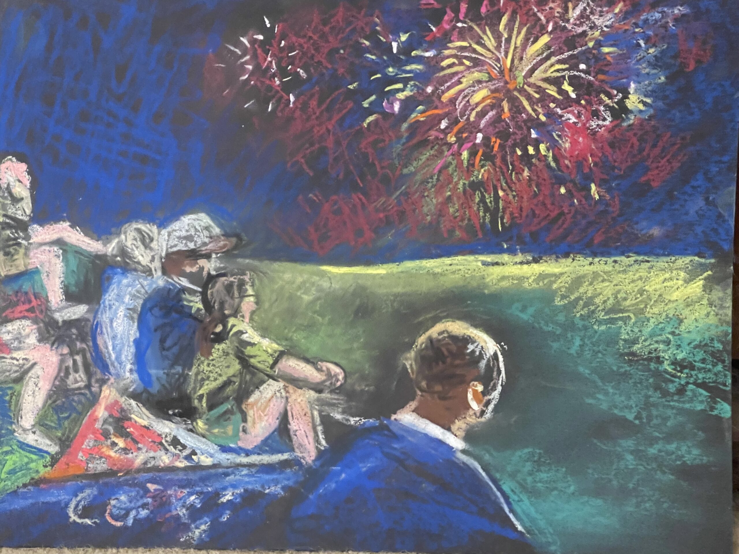 The Fourth 2023: Fireworks in the Park, original pastel on paper- Artbygorcon