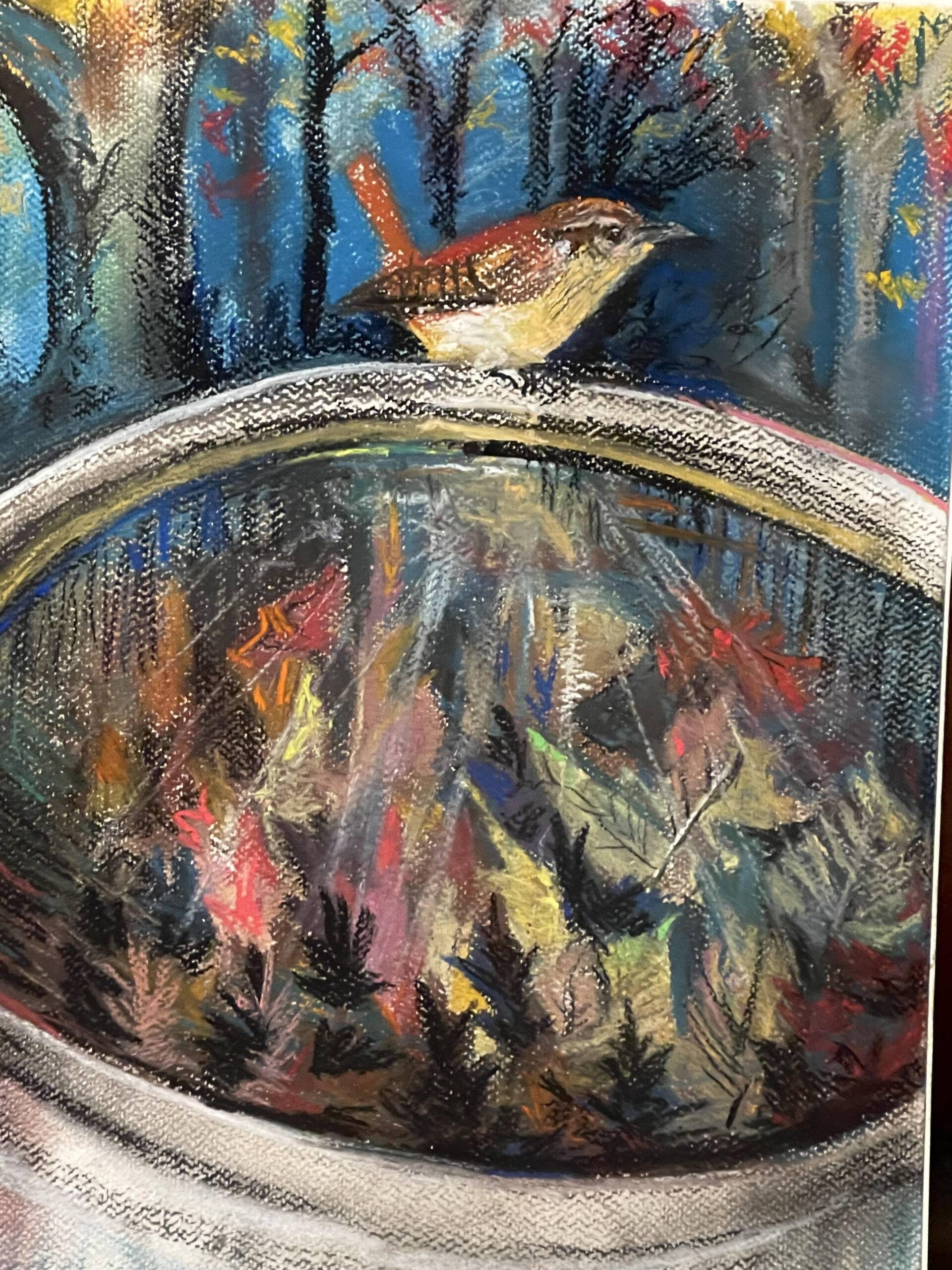 Wren on rainbarrel -  Original pastel on paper